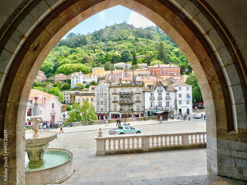 View of The Town of Sintra from an archway of Sintra National Palace.