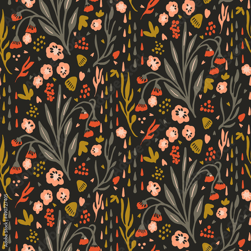 Dark boho flowers seamless pattern in trendy ditsy wildflower style. Hand drawn organic botanical fashion print. Modern summer garden bloom in vintage cottage core trend color