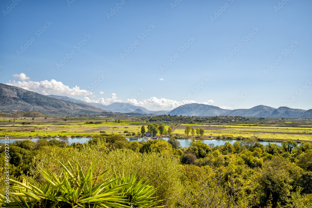 Panorama of Lake Butrint, wild landscape of Butrint area, UNESCO's World Heritage site in the south of Albania, Europe