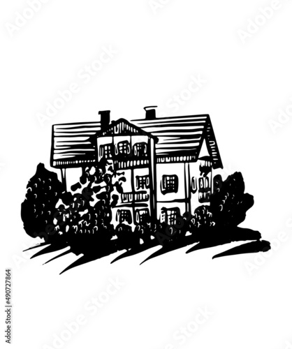 drawing picture of old wooden alpine chalet among bushes, isolated on white background, sketch, hand drawn digital vector illustration