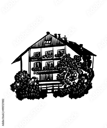 drawing picture of wooden alpine chalet isolated on white background, sketch, hand drawn digital vector illustration
