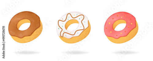Donuts illustration set.Chocolate,icing,fruity.Confectionery concept. Donuts hang over the ground casting a shadow. Stock vector illustration. Isolated white background.