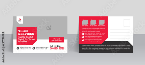 Tires accessories service postcard template with creative layout