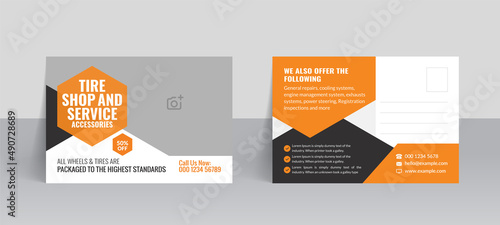 Tire service accessories shop postcard template for commerce business