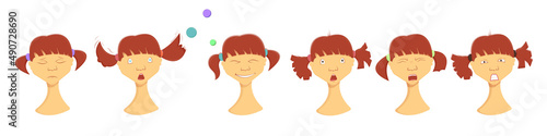 Set of different facial expressions of a girl. The concept of different moods, states, emotions of a person. Stock vector illustration.Isolated white background.