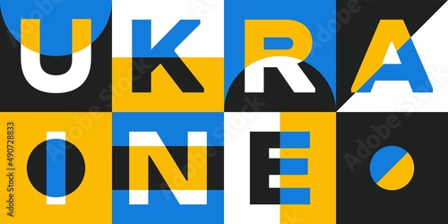 Ukraine geometric poster. Bold minimalist background simple forms swiss bauhaus style, support Ukraine. Vector illustration
