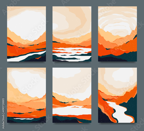 Collection of creative, hand drawn landscapes for decor, wall posters, covers. Vector.