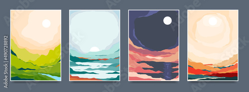 Set of creative landscapes for wall posters, decor, covers. Vector.