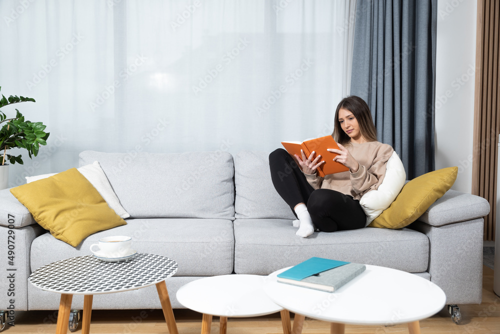 Young beautiful woman sitting on the sofa at cozy home reading the book and enjoying her free time without her husband and children with smile and happy face. Female student study and relaxing. Young beautiful woman sitting on the sofa at cozy home reading the book and enjoying her free time without her husband and children with smile and happy face. Female student study and relaxing.