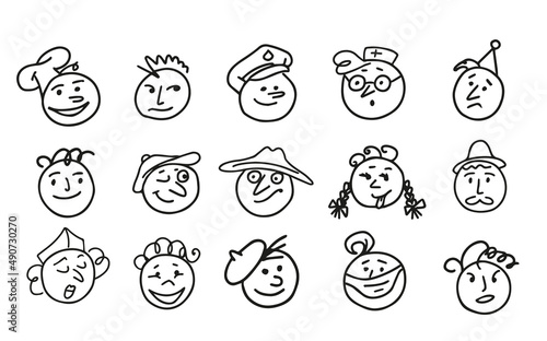 Collection of emoji icons drawn in doodle style.Vector illustration.Different professions and emotions.