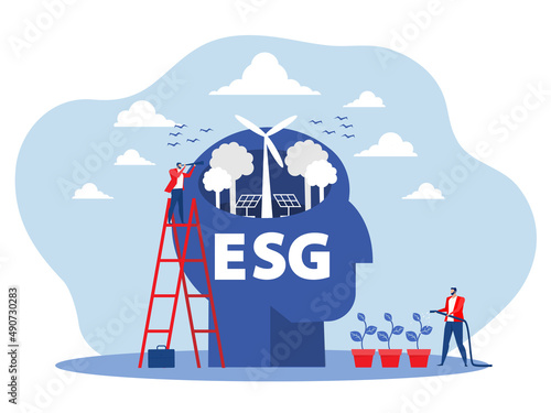 businessman climb up ladder to see through telescope for ESG or ecology problem concept.Future Goal And Plans.Business target concept flat vector illustrator