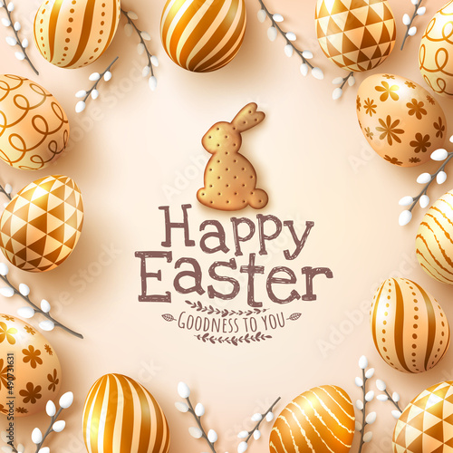 Easter poster and banner template with Golden easter eggs and Cute bunny Biscuit.Greetings and presents for Easter Day in flat lay styling.Promotion and shopping template for Easter