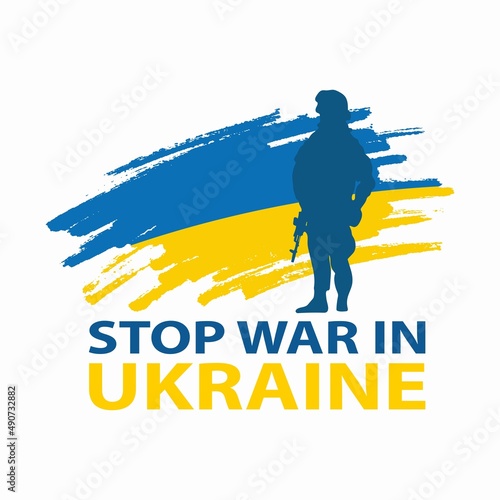 Stop war in ukraine. Ukrainian patriotic banner with soldiers and yellow and blueflag. national symbol of Ukraine. Vector illustration. photo