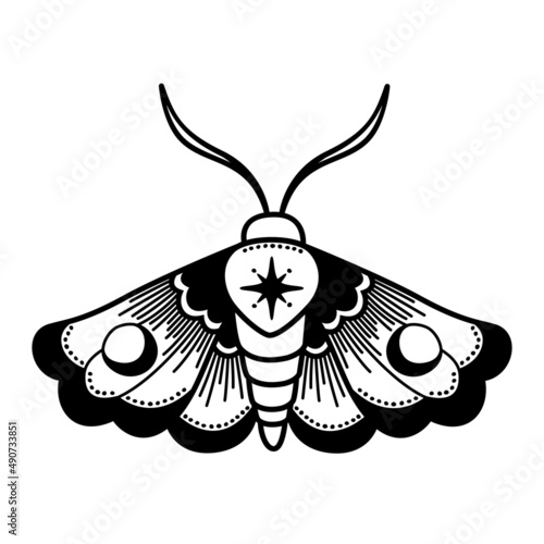 Boho witch and magic illustration, mystical moon moth tattoo 