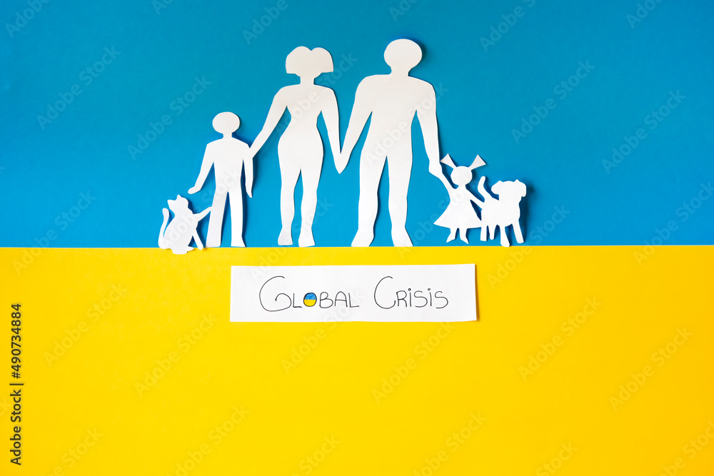 global crisis hitting the planet in 2022, with russia vs. ukraine. paper clipping of a family escaping from misery. migration global crisis hitting the planet in 2022, with russia vs. ukraine. paper clipping of a family escaping from misery. migration