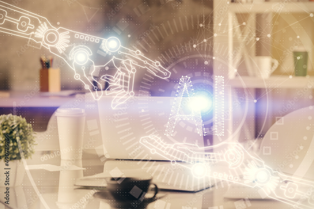 Fototapeta premium Double exposure of data theme drawing and office interior background. Concept of technology.