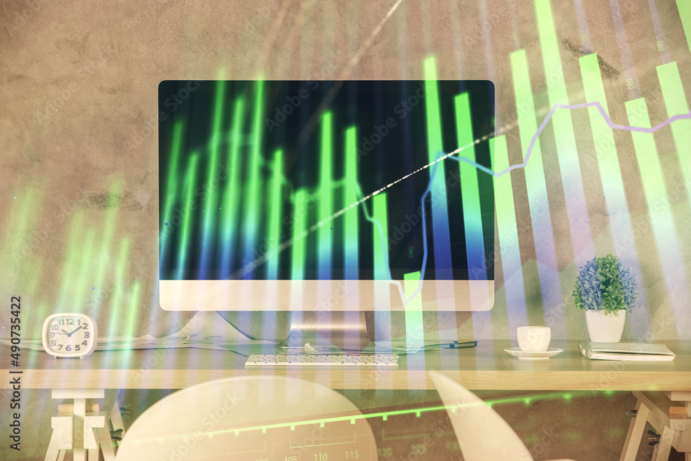 Multi exposure of financial graph drawing and office interior background. Concept of market analysis. Multi exposure of financial graph drawing and office interior background. Concept of market analysis.