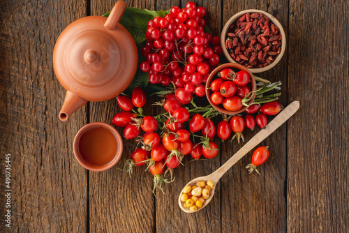 Dog rose, bunch branch Rosehips Rosa canina hips, goji berries and sea buckthorn and herbal tea - Medicinal plants herbs composition to enhance immunity and vitamins