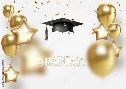 Graduation party elegant banner with golden design elements and air balloons.