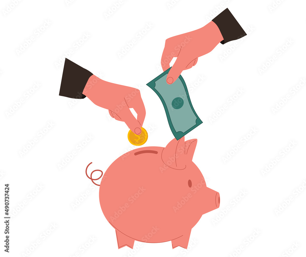 Hand put golden coin or money into piggy bank isolated on white