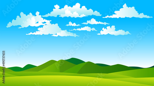 Vector illustration of beautiful summer landscape fields  green hills  blue sky bright color  country background in flat banner cartoon style. 