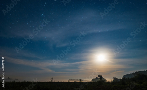 Obraz na płótnie A beautiful summer night starry sky and the moon illuminates a misty field and forest, a nighttime natural landscape w salonie