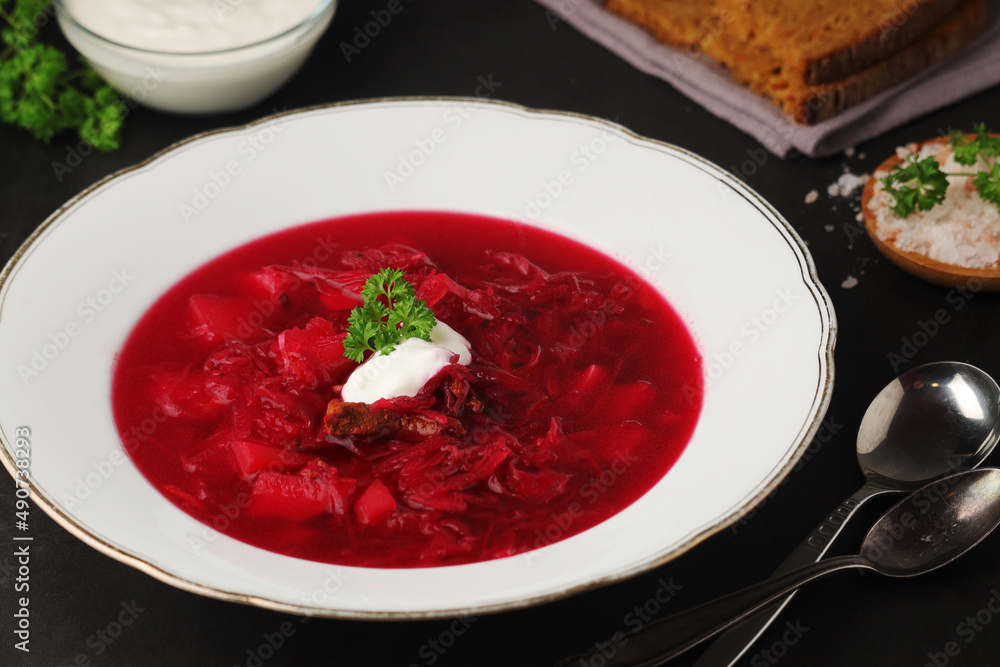 A plate with Ukrainian national dish - borsch A plate with Ukrainian national dish - borsch