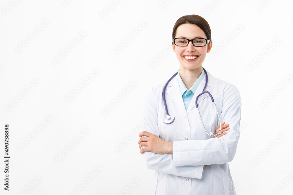 Portrait of an attractive woman doctor with a stethoscope on a white background.