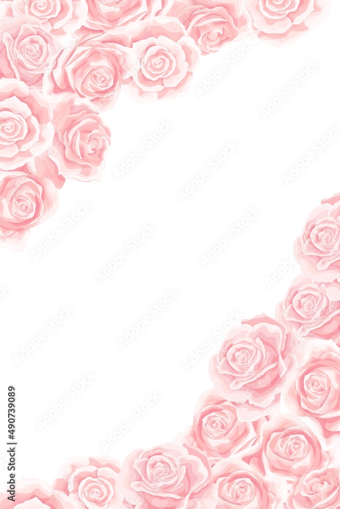 Frame of pink blossom rose flowers for greeting card, wedding or Valentines day