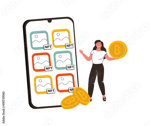 Smiling man buy online on web app store on cellphone with nft coins. Male client use tokens purchase.