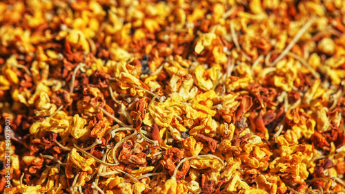 Obraz na płótnie Bright, yellow osmanthus flowers for tea drinking, texture w salonie