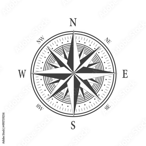 Geography science old compass isolated on white background.Compass wind rose icon logo. Vector stock
