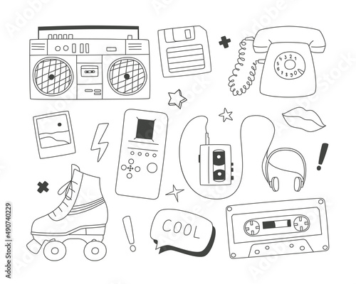 Set of doodles elements of the 90s.