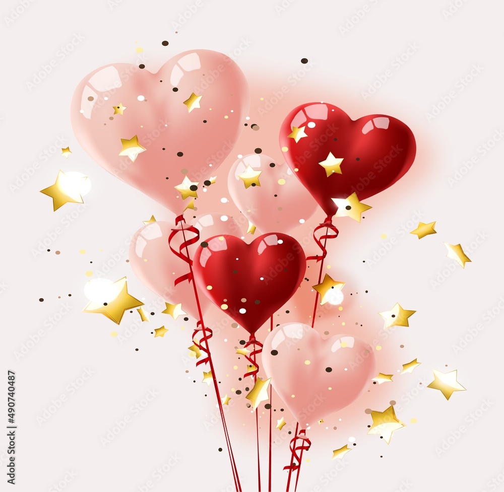 Balloon Hearts. holiday illustration of flying bunch of red and pink balloon hearts.