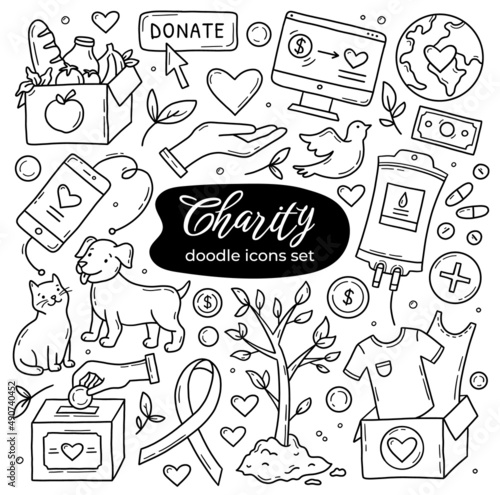 Charity and donations vector doodle icons set. Animal help, clothing, food and medicine, blood donation and awareness ribbon. Symbols of support in the hands. Money transfer from volunteers