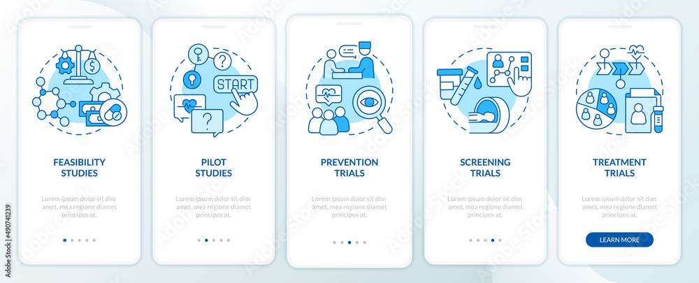Types of clinical studies blue onboarding mobile app screen. Research walkthrough 5 steps graphic instructions pages with linear concepts. UI, UX, GUI template. Myriad Pro-Bold, Regular fonts used