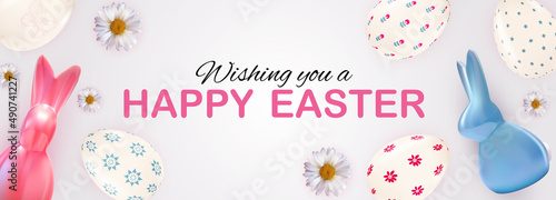 Easter poster template with 3d realistic Easter eggs and paint. Template for ...
