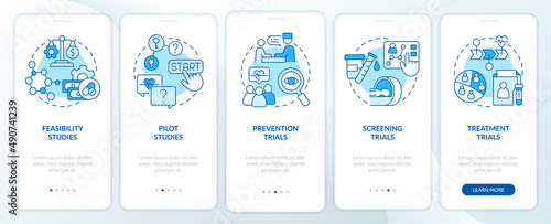 Types of clinical studies blue onboarding mobile app screen. Research walkthrough 5 steps graphic instructions pages with linear concepts. UI, UX, GUI template. Myriad Pro-Bold, Regular fonts used