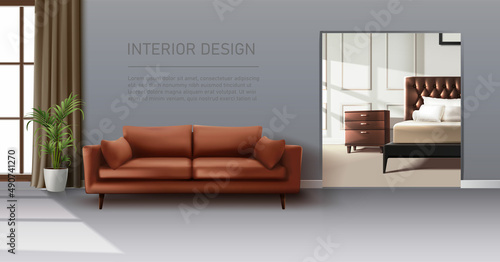 3d realistic vector background. Bedroom and living room interior. King size bed and bedsidetables. Modern design.
