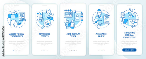 Clinical trials advantages blue onboarding mobile app screen. Researching walkthrough 5 steps graphic instructions pages with linear concepts. UI, UX, GUI template. Myriad Pro-Bold, Regular fonts used