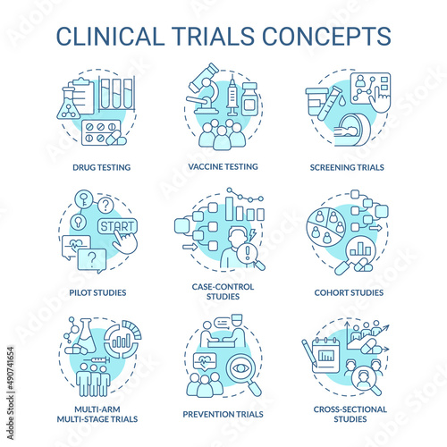 Clinical trials turquoise concept icons set. Healthcare study. Science medical research idea thin line color illustrations. Isolated symbols. Editable stroke. Roboto-Medium, Myriad Pro-Bold fonts used