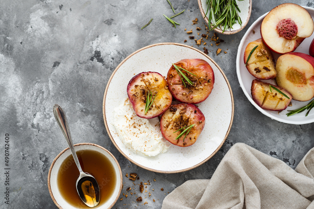 Honey roasted peaches with cream cheese. Sweet and juicy roasted