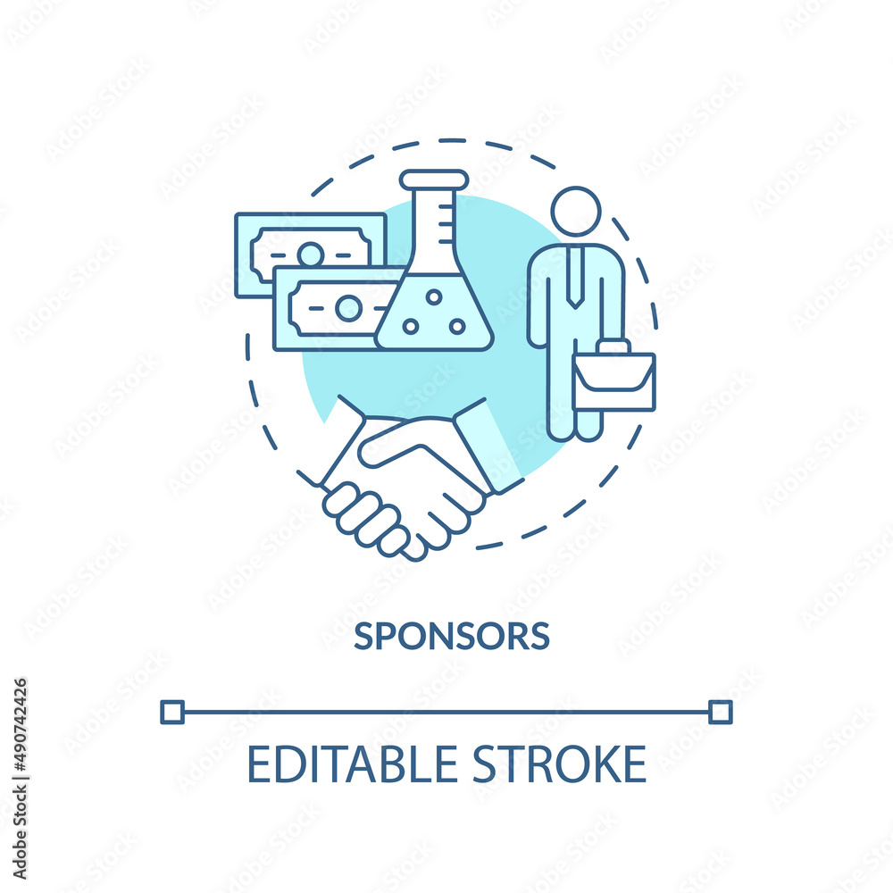 Sponsors turquoise concept icon. Medical finance. Safety of clinical trials guaranty abstract idea thin line illustration. Isolated outline drawing. Editable stroke. Arial, Myriad Pro-Bold fonts used Sponsors turquoise concept icon. Medical finance. Safety of clinical trials guaranty abstract idea thin line illustration. Isolated outline drawing. Editable stroke. Arial, Myriad Pro-Bold fonts used