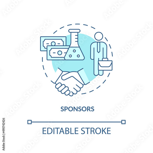 Sponsors turquoise concept icon. Medical finance. Safety of clinical trials guaranty abstract idea thin line illustration. Isolated outline drawing. Editable stroke. Arial, Myriad Pro-Bold fonts used