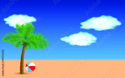 Palm tree and ball on the beach. Beach vacation concept