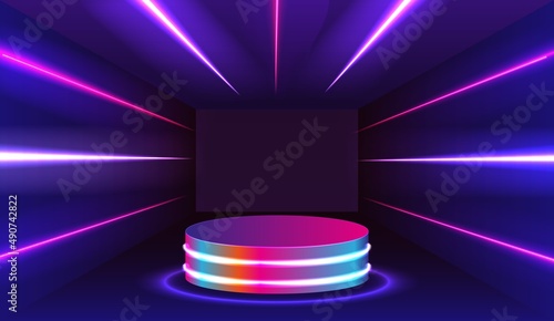 Stage for performances, product presentation podium or pedestal on glossy surface, illuminated in darkness with neon light rims.