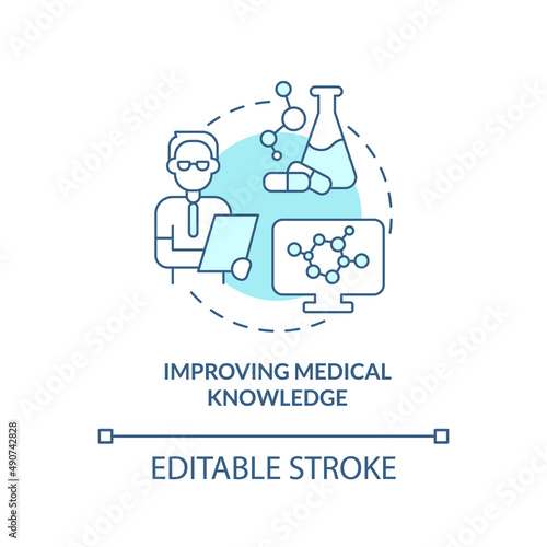 Improving medical knowledge turquoise concept icon. Clinical studies for patients abstract idea thin line illustration. Isolated outline drawing. Editable stroke. Arial, Myriad Pro-Bold fonts used