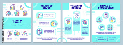 Clinical trials types turquoise brochure template. Medical science. Leaflet design with linear icons. 4 vector layouts for presentation, annual reports. Arial-Black, Myriad Pro-Regular fonts used