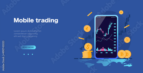 Mobile stock trading concept web page template. Online trading candlestick chart, cryptocurrency stock market analysis, investment banner. Mobile application for online statistics vector illustration