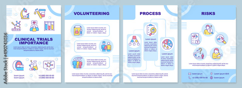 Clinical trials blue brochure template. Medical program. Leaflet design with linear icons. 4 vector layouts for presentation, annual reports. Arial-Black, Myriad Pro-Regular fonts used